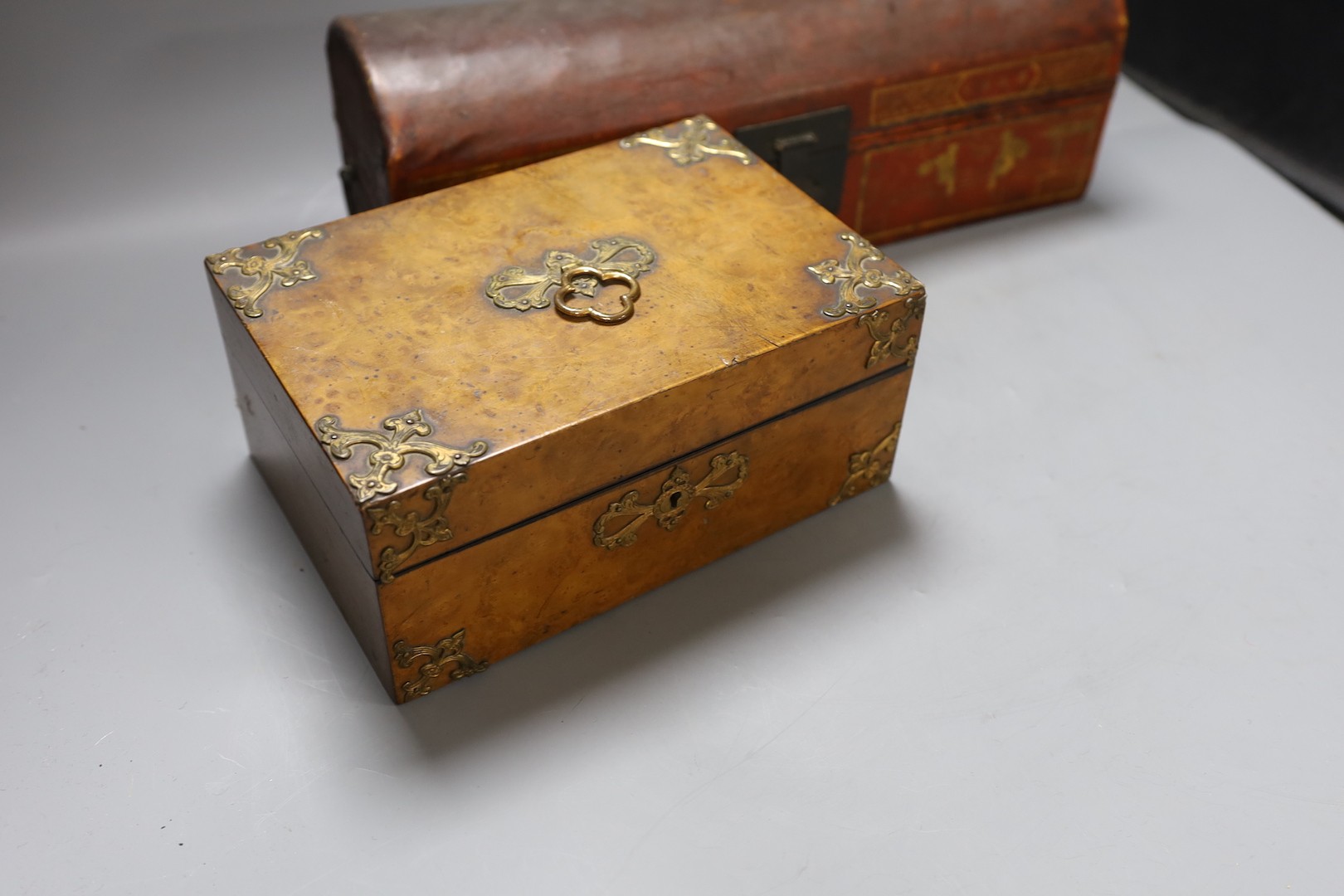 A Chinese leather clad box and Victorian burr walnut and ormolu mount jewellery box (2), Chinese box, 37cms wide.